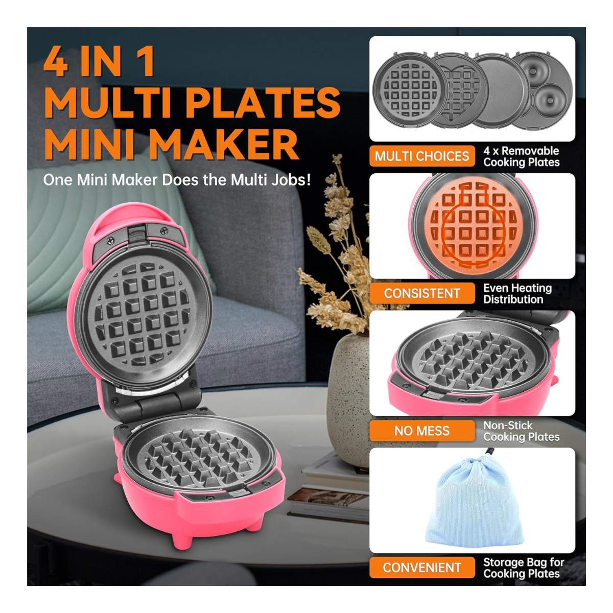 Mini waflera antiadherente 3 en 1